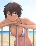  1girl beach bikini blue_eyes breasts cleavage commentary_request dark_skin hair_between_eyes hashi large_breasts leaning_forward looking_at_viewer navel original outdoors short_hair side-tie_bikini_bottom smile solo swimsuit tan tomboy very_short_hair 