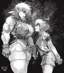  1boy 1girl absurdres animal_ears arms_behind_back blue_eyes breasts cat_boy cat_ears greyscale hellsing highres huge_breasts looking_at_another looking_down looking_up monochrome muscular muscular_female schroedinger_(hellsing) seras_victoria size_difference sweat the_golden_smurf thick_thighs thighs uniform 