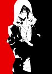  1boy amamiya_ren animal cat closed_mouth fingernails glasses greyscale_with_colored_background holding holding_animal holding_cat hood hood_up hooded_sweater jacket long_sleeves male_focus morgana_(persona_5) one_eye_covered persona persona_5 petting short_hair solo sweater two-tone_background zmore 