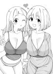 absurdres aged_up breasts cleavage greyscale highres large_breasts looking_at_viewer medium_hair monochrome mother_and_daughter nekomatagi one_eye_closed original panties shirt short_hair smile underwear v white_background 