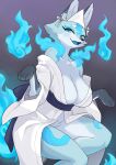 absurd_res anthro asian_clothing blue_body blue_fur blush breasts canid canine clothed clothing east_asian_clothing female fire fox fur hi_res japanese_clothing kemono looking_at_viewer mammal nobox05 smile solo tail white_body white_fur yuurei-chan