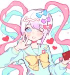  1girl ;d blonde_hair blue_bow blue_eyes blue_hair blush bow chinese_commentary chouzetsusaikawa_tenshi-chan commentary_request hair_bow hands_up heart holding holding_phone long_hair long_sleeves looking_at_viewer multicolored_hair needy_girl_overdose one_eye_closed open_mouth phone pink_hair purple_bow quad_tails sailor_collar smile solo upper_body w white_background wufaminmiedeai yellow_bow 