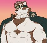  1boy abs absurdres animal_ears bara dated english_commentary furry furry_male headband highres horkeu_kamui jacket jacket_on_shoulders male_focus muscular muscular_male pectorals scar scar_on_chest scar_on_chin scar_on_face signature smile syoudrealvarez tokyo_afterschool_summoners wolf_boy wolf_ears yellow_eyes 