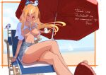  1girl absurdres beach beach_chair beach_umbrella besi_(besidoesart) bikini blonde_hair blue_sky blush bow breasts breasts_out cleavage collarbone commission dark-skinned_female dark_elf dark_skin day denim denim_shorts elf elfriend_(shiranui_flare) hair_bow high_ponytail highres hololive horizon large_breasts long_hair looking_at_viewer multicolored_hair navel nipples ocean outdoors pointy_ears ponytail red_eyes sand sandals shiranui_flare shorts sidelocks sky smile solo streaked_hair swimsuit umbrella virtual_youtuber water white_hair 