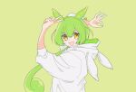  1girl :3 :d green_hair highres hood hood_down hoodie long_hair looking_at_viewer low_ponytail marushi_bo ok_sign open_mouth pea_pod simple_background smile solo v voicevox white_hoodie yellow_eyes zundamon 