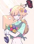  1boy basil_(faraway)_(omori) basil_(omori) blonde_hair blue_eyes blush crop_top english_text flower flowey_(undertale) hair_flower hair_ornament highres holding holding_flower holding_shovel looking_at_viewer mechafrshrimp omori parted_lips revision short_hair shovel smile speech_bubble sweat teeth undertale upper_body 