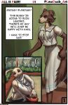  2024 5_fingers absurd_res anthro beastars black_nose breasts brown_body brown_fur canid canine canis clothed clothed_anthro clothed_female clothing comic dialogue domestic_rabbit dress duo dwarf_rabbit english_text female fingers footwear fur grey_body grey_fur haru_(beastars) hi_res humanoid_hands juno_(beastars) kneeling lagomorph leporid lewduck mammal on_one_knee oryctolagus page_number rabbit school_uniform shoes smile text text_box thoughts uniform walking watering_can white_body white_fur wolf 