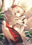  1girl animal_ears day detached_sleeves geta hat highres inubashiri_momiji outdoors pom_pom_(clothes) red_eyes ribbon-trimmed_sleeves ribbon_trim shield short_hair solo soukou_(artist) sword tail tengu-geta tokin_hat touhou weapon white_hair white_wolf wolf wolf_ears wolf_girl wolf_tail 