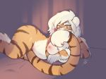  2018 anthro bedroom_eyes bite black_stripes breasts buxbi_(character) cute_fangs electrycpynk feline female fur hair half-closed_eyes inviting looking_at_viewer lying mammal nipples orange_eyes orange_fur seductive signature solo stripes tail_between_legs tail_biting tiger white_hair wide_hips 