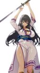  1girl ahonoko black_hair breasts brown_eyes cleavage collarbone expressionless feet_out_of_frame fire_emblem fire_emblem:_the_blazing_blade grey_eyes highres holding holding_weapon huge_breasts incoming_attack karla_(fire_emblem) long_hair looking_at_viewer sash simple_background solo sword weapon white_background 