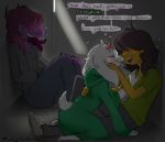  &lt;3 ambiguous_gender anthro being_watched blush caprine clothed clothing deltarune dialogue english_text eyes_closed eyewear female glasses goat group hair_over_eyes hoodie horn human human_on_anthro interspecies kissing kris_(deltarune) male male/ambiguous mammal middry monster pawtsun ralsei reptile saliva saliva_string scalie sitting sketch susie_(deltarune) text 