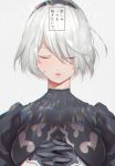  bangs black_dress black_gloves breasts closed_eyes closed_mouth dress gloves hair_over_one_eye hairband hands_together interlocked_fingers lips medium_breasts mellow_rag mole mole_under_mouth nier_(series) nier_automata praying puffy_sleeves shiny shiny_hair short_hair simple_background solo white_hair yorha_no._2_type_b 