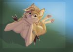  2018 4_toes 5_fingers anthro areola breasts canine digital_media_(artwork) digitigrade dog female grass green_eyes mammal nipples omesore pawpads pink_nose smile solo toes 