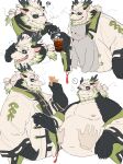  ! absurdres bara bare_pectorals beard belly black_fur black_shirt blush cigarette cropped_shoulders cropped_torso disembodied_limb dragon_boy dragon_horns drink facial_hair fat fat_man full_beard furry furry_male green_hair head_on_head head_rest highres holding holding_drink horns jacket lapels long_mustache male_focus multicolored_fur multicolored_hair multiple_views original patting_belly pectorals ponytail sharp_teeth shirt silhouette simple_background sketch smoking spoken_exclamation_mark surprised tassel teeth two-tone_hair white_background white_fur white_hair white_jacket yed_(yedsilent) 