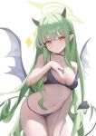  1girl alternate_costume bare_shoulders bikini black_bikini blue_archive breasts collarbone corrupted_twitter_file cowboy_shot demon_girl demon_horns demon_tail green_hair green_halo halo hand_on_own_chest hashtag-only_commentary highres hikari_(blue_archive) horns long_hair looking_at_viewer medium_breasts navel pointy_ears rable simple_background solo sparkle sparkling_aura swimsuit tail v-shaped_eyebrows very_long_hair white_background yellow_eyes 