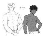  2boys closed_mouth commentary_request dark-skinned_male dark_skin dungeon_meshi english_text greyscale groin hand_on_own_hip highres jesuistae kabru laios_touden looking_to_the_side male_focus monochrome multiple_boys navel_hair scar scar_on_arm scar_on_chest scar_on_neck scar_on_shoulder scar_on_stomach short_hair simple_background smile standing too_many too_many_scars towel towel_around_waist upper_body very_short_hair white_background 
