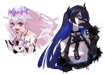  2girls absurdres adarin asymmetrical_horns black_hair blue_hair breasts colored_inner_hair demon_horns glaring hair_ornament highres hololive hololive_english horns mole mole_under_eye multicolored_hair multiple_girls nerissa_ravencroft red_eyes simple_background smile uneven_horns upper_body virtual_youtuber white_background 