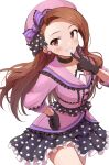  1girl absurdres beret black_choker black_gloves black_skirt brown_hair choker collarbone commentary_request gloves hand_on_own_hip hat highres idolmaster idolmaster_(classic) idolmaster_million_live! idolmaster_million_live!_theater_days long_hair long_sleeves minase_iori pink_hat pink_shirt polka_dot polka_dot_skirt shirt shuucream_(syuichi) simple_background skirt solo thighs v white_background 