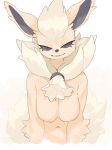  1girl animal_ears animal_nose black_eyes black_sclera breasts clenched_teeth colored_sclera completely_nude flareon furry furry_female highres kame_(3t) looking_at_viewer medium_breasts navel nude orange_fur pokemon pokemon_(creature) smile snout solo tail teeth 