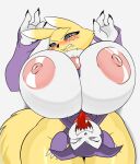  anthro areola bandai_namco blush breast_play breasts digimon digimon_(species) duo female fur genitals hi_res impmon larger_female male male/female nipples penis pupils renamon seiiartworks sex size_difference smaller_male titfuck tongue tongue_out yellow_body 