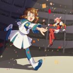  2girls angelic_layer armband blue_armband blue_socks boots brown_hair commentary confetti doll english_commentary floating hair_tubes highres hikaru_(angelic_layer) multiple_girls musketeerart open_mouth pink_hair reaching red_thighhighs school_uniform shadow shirt short_hair short_hair_with_long_locks sidelocks size_difference skirt socks spotlight stadium suzuhara_misaki tears teeth thighhighs upper_teeth_only white_footwear white_shirt white_skirt 