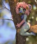 2023 alternate_species anthro biped blue_body blue_fur breasts claws eyelashes featureless_breasts feet female freckles fur hair heart_eyes heart_symbol hi_res koala kolae kolae_(character) leaf looking_at_viewer mammal marsupial nude outside paws pink_hair plant shaded solo tree vombatiform