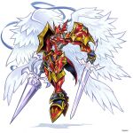  1boy armor artist_logo chest_jewel digimon digimon_(creature) dual_wielding dukemon dukemon_crimson_mode feathered_wings glowing glowing_eyes highres holding holding_polearm holding_sword holding_weapon knight lance male_focus multiple_wings orange_eyes polearm red_armor red_helmet shoulder_armor simple_background sinobali slit_pupils solo sword weapon white_background white_wings wings 