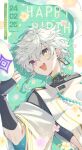  1boy :d animal black_shirt bow braid character_name crossed_bangs dangle_earrings dated drop_shadow dutch_angle earrings egasumi green_bow green_eyes grey_hair hair_between_eyes heterochromia japanese_clothes jewelry male_focus murakumo_kagetsu nijisanji pom_pom_(clothes) purple_eyes round_teeth sakuro shirt single_braid single_earring smile solo teeth virtual_youtuber 