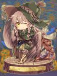  1girl aura_venefika backpack bag bird_legs braid brown_wings chibi copyright_name dairoku_ryouhei feathered_wings full_body green_hat harpy hat jack-o&#039;-lantern lamppost monster_girl one_eye_closed pic_eda potion scroll solo standing tree_stump twin_braids vial winged_arms wings yellow_eyes 