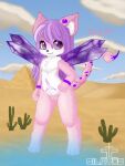  anthro arachnid arthropod canid canine chimera desert felid feline female fox fur genitals grin hair hi_res holding_hips innie_pussy long_hair mammal pink_body pink_fur purple_eyes purple_hair pussy scorpion scorpion_tail silavos smile solo standing symbol_on_belly watermark white_body white_fur wings 