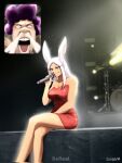  1boy 1girl animal_ears artist_name bare_shoulders bereal boku_no_hero_academia breasts concert corrupted_twitter_file crossed_legs dark-skinned_female dark_skin dress drum drum_set english_commentary fan_screaming_at_madison_beer_(meme) highres holding holding_microphone inset instrument large_breasts long_eyelashes long_hair looking_at_viewer meme microphone mineta_minoru mirko open_mouth parted_bangs photo-referenced photo_background rabbit_ears rabbit_girl red_dress red_eyes screaming shibarinsfw sitting smile solo_focus sparkle stage steam_from_nose strapless strapless_dress thighs toned_female watermark white_hair 
