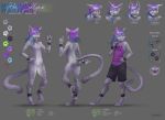  2018 anthro barefoot cat digital_media_(artwork) digitigrade feline girly gosetsuki hair male mammal model_sheet nipples purple_hair solo standing 