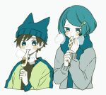  1boy 1girl :3 animal_ears animal_hat black_hair blue_eyes blue_hair blush_stickers cardigan cat_ears cat_hat cropped_torso eating fake_animal_ears food hair_ornament hat highres holding holding_food long_sleeves maco22 mochi mochi_trail original scarf short_hair smile steam 