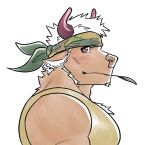  accessory anthro bovid bovine brown_body brown_fur cattle clothing fur hair headband horn lifewonders male mammal muscular pecs purple_eyes shennong_(tas) shirt side_view simple_background solo straw_in_mouth tank_top tokyo_afterschool_summoners topwear white_background white_hair wolfmanwilk 
