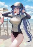  1girl beach blowing_whistle blue_hair breasts clorinde_(genshin_impact) dark_blue_hair genshin_impact large_breasts lifeguard long_hair low_ponytail multicolored_hair natsume_koji ocean outdoors ponytail rash_guard solo streaked_hair 