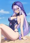  1girl armpit_crease bare_shoulders beach black_collar black_swan_(honkai:_star_rail) breasts cleavage clothing_cutout collar covered_navel crossed_legs english_commentary feet_out_of_frame hair_between_eyes hands_on_ground helloimtea highres honkai:_star_rail honkai_(series) large_breasts looking_at_viewer nail_polish one-piece_swimsuit purple_eyes purple_hair purple_nails purple_one-piece_swimsuit purple_veil sand side_cutout sideboob sidelocks sitting smile solo swimsuit thighs twitter_username water 