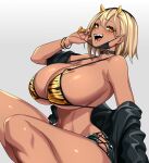  1girl absurdres animal_print black_choker black_shirt black_shorts black_skirt blonde_hair bracelet breasts choker claw_pose cleavage commentary_request dark-skinned_female dark_skin demon_girl demon_horns gold_nails gold_necklace gyaru hair_ornament highres horns huge_breasts hz_(666v) jewelry mask mask_pull mole mole_on_breast mouth_mask necklace off_shoulder open_clothes open_hand open_shirt original sharp_teeth shirt shorts sitting skirt teeth tiger_print tiger_stripes 