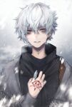  1boy black_sweater claw_ring command_spell earrings fate/grand_order fate_(series) fur_trim grey_sweater hand_on_own_chest high_collar highres jewelry kadoc_zemlupus kizashima_shizaki looking_at_viewer male_focus neck_piercing parted_lips short_hair snowing solo sweater upper_body white_hair yellow_eyes 