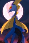 absurd_res ambiguous_gender anthro blue_body frill_(anatomy) full_moon generation_8_pokemon gigantamax_inteleon gigantamax_pokemon glistening glistening_eyes head_crest head_frill hi_res long_tail looking_at_viewer moon nintendo open_mouth pokemon pokemon_(species) red_eyes solo tail watermark yellow_body zymonasyh