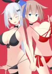  2girls bare_shoulders bikini black_bikini blue_eyes blue_ribbon bow bowtie breasts brown_hair cleavage collarbone detached_collar fal_(fal&#039;s_summer)_(girls&#039;_frontline) fal_(girls&#039;_frontline) five-seven_(cruise_queen)_(girls&#039;_frontline) five-seven_(girls&#039;_frontline) girls&#039;_frontline hair_ornament hair_ribbon highres holding_hands large_breasts long_hair looking_at_viewer multiple_girls navel official_alternate_costume one_eye_closed open_mouth ponytail potryka2000 red_bikini ribbon side-tie_bikini_bottom smile swimsuit very_long_hair white_hair 