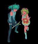  1boy 1girl belt black_background blue_eyes blue_hair blush boots bridal_garter brooch character_request check_character closed_eyes collared_shirt cosplay crossdressing detached_sleeves food full_body goggles goggles_on_head green_hair gumi hair_ornament hatsune_miku hatsune_miku_(cosplay) hatsune_mikuo headphones helado_jpg highres holding holding_food jewelry jitome long_sleeves necktie open_mouth pleated_skirt shirt short_hair_with_long_locks skirt sleeveless sleeveless_shirt smile spring_onion standing standing_on_one_leg sweat thigh_boots twintails vocaloid w wrist_cuffs 