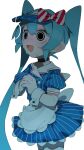  1girl absurdres apron black_choker black_eyes blue_dress blue_hair blue_hat bow cheri_zao choker cowboy_shot dress hair_bow hat hatsune_miku highres long_hair looking_up mesmerizer_(vocaloid) simple_background solo striped_bow sweat twintails visor_cap white_background wrist_cuffs 