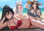  3girls absurdres all_fours beach bikini black_bow black_choker black_hair blue_sky bow breasts brown_hair choker cleavage commentary day eyewear_on_head glasses goggles goggles_on_headwear grey_hair hair_between_eyes hat hat_bow highres horizon idolmaster idolmaster_shiny_colors large_breasts long_hair lying multiple_girls ocean on_side one_eye_closed open_mouth outdoors pdal_(pdalhhh) plaid plaid_bikini ponytail purple_eyes red_bikini shirase_sakuya sky smile sun_hat sunglasses swimsuit tsukioka_kogane visor_cap yellow_eyes yukoku_kiriko 