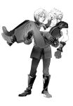  2boys age_difference aged_down arm_armor belt blush boots carrying chest_strap chinese_commentary closed_eyes cloud_strife coat commentary_request embarrassed final_fantasy final_fantasy_vii final_fantasy_vii_ever_crisis full_body gloves greyscale hand_on_own_forehead height_difference highres implied_yaoi knee_boots looking_at_another male_focus monochrome multiple_belts multiple_boys pants princess_carry screentones sephiroth short_hair simple_background sleeveless sleeveless_turtleneck smile spiked_hair standing suizs_017 suspenders sweatdrop time_paradox toned toned_male turtleneck white_background 