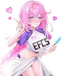 1girl absurdres anthea_(neris_45) anthea_meow blush breasts buruma closed_mouth clothes_writing elf elysia_(herrscher_of_human:ego)_(honkai_impact) elysia_(honkai_impact) food hair_between_eyes heart highres holding holding_food holding_ice_cream honkai_(series) honkai_impact_3rd ice_cream large_breasts legs long_hair looking_at_viewer low-braided_long_hair low-tied_long_hair navel official_alternate_costume pink_eyes pink_hair pink_pupils pointy_ears sarong shirt solo tied_shirt v white_background white_sarong white_shirt 