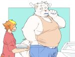  2024 anthro belly bottomwear brush brushing brushing_teeth canid canine canis clothing domestic_dog duo eyes_closed hi_res inunoshippo kemono male mammal moobs overweight overweight_male shirt shorts topwear 