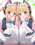  2girls :o animal_ears apron blonde_hair blue_archive blue_bow blush bow cat_ears cat_tail clothes_lift dress dress_lift fake_animal_ears fake_tail feet frilled_dress frills green_eyes green_halo hair_bow halo headphones highres lifting_own_clothes long_sleeves looking_at_viewer maid maid_apron maid_headdress medium_hair midori_(blue_archive) midori_(maid)_(blue_archive) momoi_(blue_archive) momoi_(maid)_(blue_archive) multiple_girls no_shoes official_alternate_costume open_mouth panties pantyhose pc_fworks pink_bow pink_eyes pink_halo siblings sidelocks simple_background sisters sitting striped_clothes striped_panties tail twins underwear white_apron white_pantyhose 