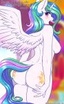  2018 absurd_res blush breasts butt digital_media_(artwork) english_text equine eyelashes feathered_wings feathers female food friendship_is_magic hair hi_res horn looking_at_viewer mammal multicolored_hair my_little_pony nipples nude princess_celestia_(mlp) pussy solo text twistedscarlett60 winged_unicorn wings 