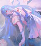  1girl ayanami_rei baby blue_dress blue_hair chinese_commentary dress evangelion:_3.0+1.0_thrice_upon_a_time expressionless highres holding_hands ling_ye_zzz long_hair looking_to_the_side lying neck_ribbon neon_genesis_evangelion on_back out_of_frame pinafore_dress rebuild_of_evangelion red_eyes ribbon school_uniform shirt sleeveless sleeveless_dress solo standing tokyo-3_middle_school_uniform very_long_hair white_shirt 