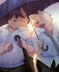  2016 anthro belly canine clothing dog duo eyes_closed eyewear glasses humanoid_hands male mammal overweight overweight_male pants raining shirt sv_grart umbrella 